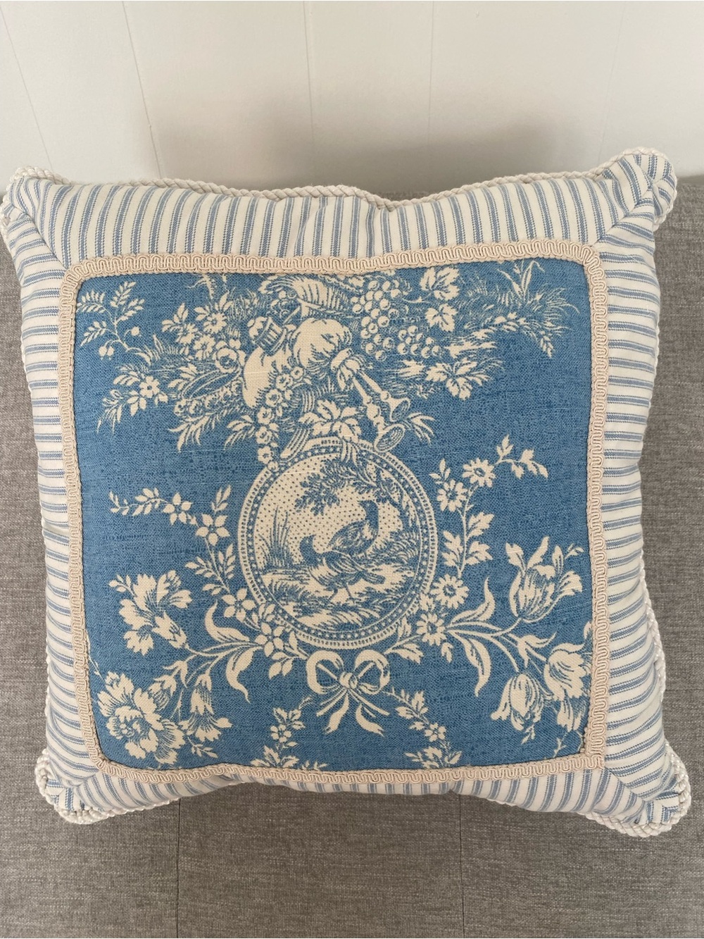 Sherry Kline Country Manor Toile Print Throw Pillow Cord Trim Piping